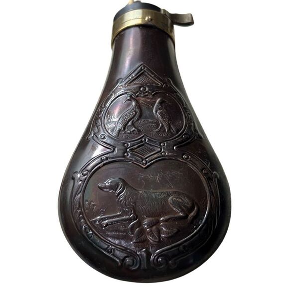 Antique Civil War Dog & Bird Horn Flask Embossed Copper Powder Flask - Picture 3 of 6